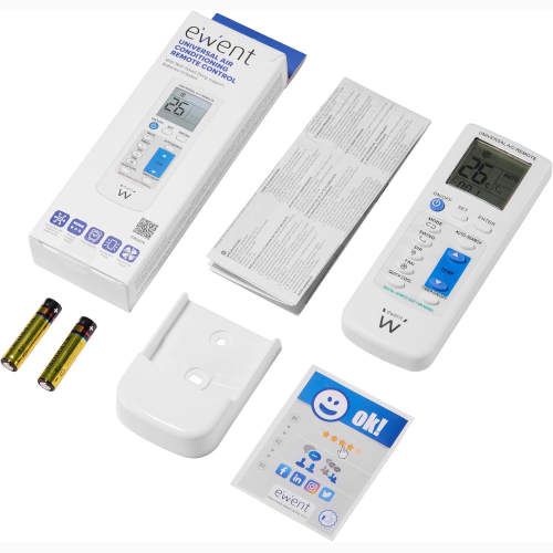 EWENT TELECOMANDO UNIVERSALE CONDIZIONATORE CON SUPPORTO A MURO, COMPATIBILE 1000+ MODELLI DAIKIN LG SAMSUNG MITSUBISHI PANASONIC, DISPLAY LCD RETROILLUMINATO, TIMER E CONTROLLO COMPLETO