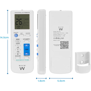 EWENT TELECOMANDO UNIVERSALE CONDIZIONATORE CON SUPPORTO A MURO, COMPATIBILE 1000+ MODELLI DAIKIN LG SAMSUNG MITSUBISHI PANASONIC, DISPLAY LCD RETROILLUMINATO, TIMER E CONTROLLO COMPLETO
