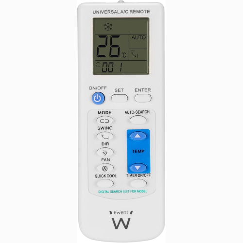 EWENT TELECOMANDO UNIVERSALE CONDIZIONATORE CON SUPPORTO A MURO, COMPATIBILE 1000+ MODELLI DAIKIN LG SAMSUNG MITSUBISHI PANASONIC, DISPLAY LCD RETROILLUMINATO, TIMER E CONTROLLO COMPLETO