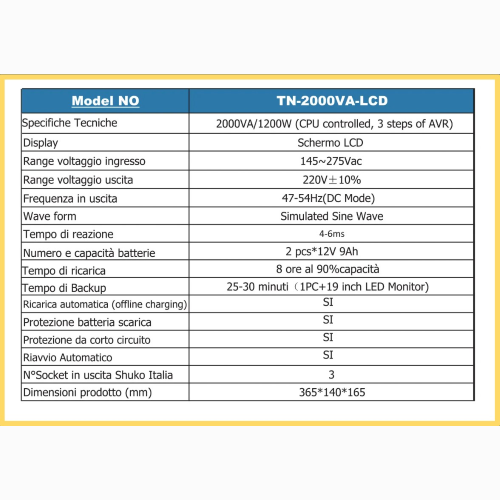 GRUPPO DI CONTINUITA' UPS TECNONEW TN-LCD-2000VA 2000VA 1200W CON 3 USCITE BIVALENTI FUNZIONE AC RESTART CON DISPLAY LCD