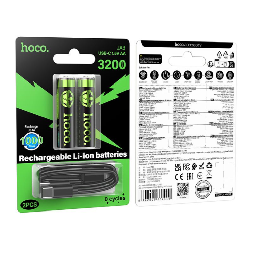 BATTERIA RICARICABILE R6 STILO (AA) 860 MAH CON TYPE-C + CAVO DA USB A A 2 X TYPE-C CONFEZIONE 2 PEZZI HOCO JA3 NERO