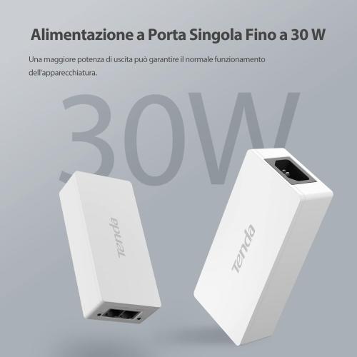 INIETTORE POE TENDA POE30G-AT GIGABIT POE INJECTOR IEEE 802.3AF/AT, USCITA 48V-54V/30W, 10/100/1000 MBPS ETHERNET POE ADAPTER, PLUG AND PLAY, FORNISCE POTENZA FINO A 100 METRI, BIANCO