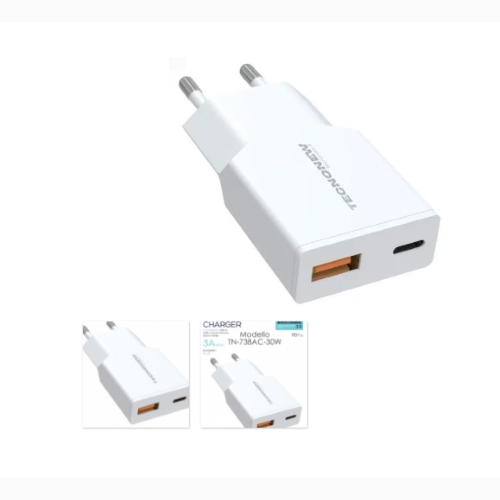 ALIMENTATORE CARICATORE USB UNIVERSALE USB + TYPE-C PD 30W TECNONEW TN-738AC-30W