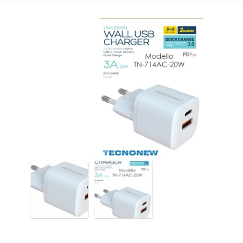 ALIMENTATORE CARICATORE USB UNIVERSALE USB + TYPE-C QC PD 20W TECNONEW TN-714AC-20W