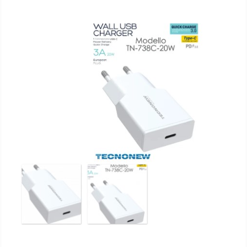ALIMENTATORE CARICATORE USB UNIVERSALE TYPE-C PD 20W TECNONEW TN-738C-20W