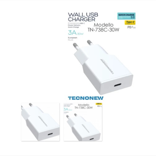 ALIMENTATORE CARICATORE USB UNIVERSALE TYPE-C PD 30W TECNONEW TN-738C-30W