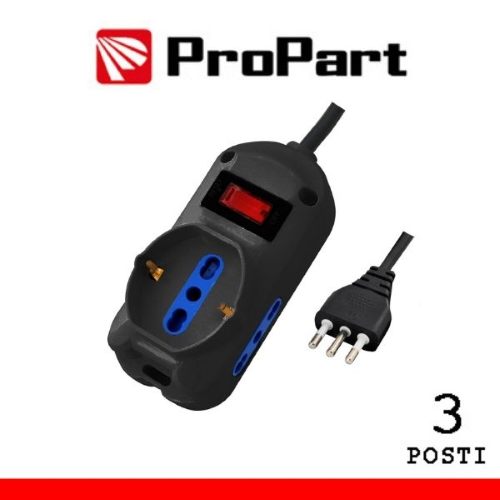 MULTIPRESA 3 POSTI BIPASSO + BIPASSO/SCHUKO SPINA 10A NERA CON INTERRUTTORE PROPART PEM2611-BK