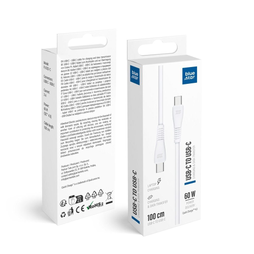 CAVO DATI TYPE-C A TYPE-C 1 METRO 60W QC4.0 BIANCO | BLUE STAR PJ-DQ1-C