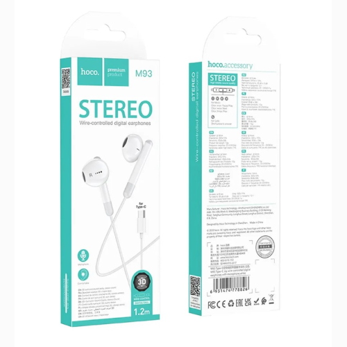 CUFFIE AURICOLARI CON MICROFONO 1,2 METRI TYPE-C BIANCHE HOCO M93