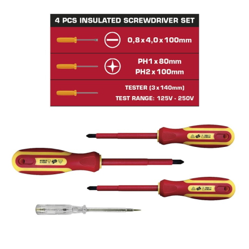 SET DI 4 CACCIAVITI ISOLATI (1 PIATTO + 2 A CROCE + TESTER) VELAMP CF144