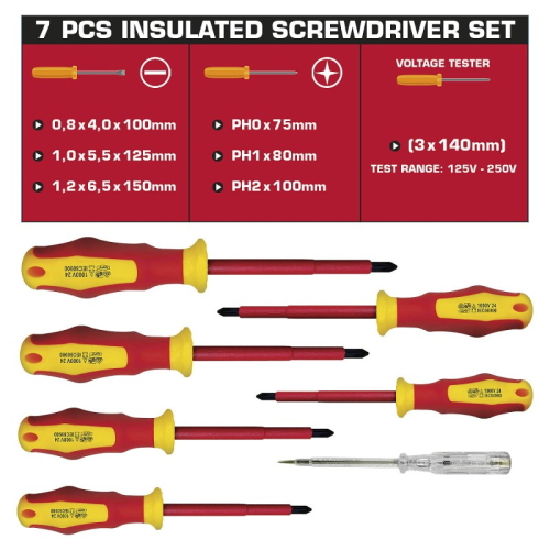 SET DI 7 CACCIAVITI ISOLATI (3 PIATTI + 3 A CROCE + TESTER) VELAMP CF170