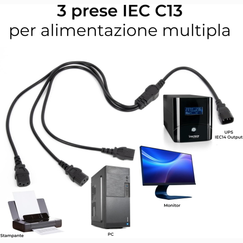 VULTECH MU-UPS04 CAVO SDOPPIATORE SPLITTER DI ALIMENTAZIONE PER UPS | INGRESSO 1X IEC C14 A TRIPLA USCITA 3X C13 | MULTIPRESA FLESSIBILE 1M | MAX CARICO 3000W 10A 250V PER SERVER, MONITOR E UFFICIO