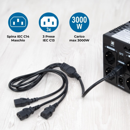 VULTECH MU-UPS04 CAVO SDOPPIATORE SPLITTER DI ALIMENTAZIONE PER UPS | INGRESSO 1X IEC C14 A TRIPLA USCITA 3X C13 | MULTIPRESA FLESSIBILE 1M | MAX CARICO 3000W 10A 250V PER SERVER, MONITOR E UFFICIO