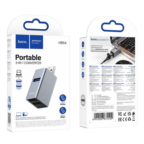 HUB USB ADATTATORE 3 IN 1 (2 PORTE USB 2.0 + 3.0 USB) HOCO HB54 GRIGIO