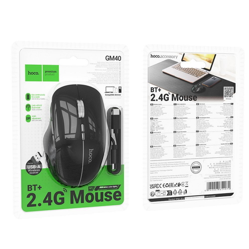 MOUSE WIRELESS DUAL MODE BLUETOOTH 1600DPI LED RGB GRIGIO HOCO GM40