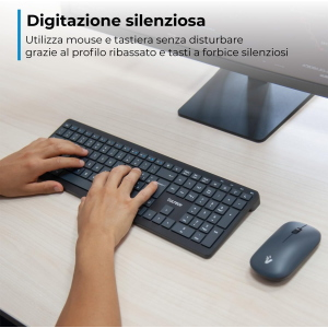 VULTECH KM-851W KIT TASTIERA E MOUSE WIRELESS TASTI A FORBICE SILENZIOSI CLICK SILENZIOSO LAYOUT ITALIANO QWERTY ULTRASLIM TASTIERINO NUMERICO, TASTI MULTIMEDIALI PROTEZIONE LIQUIDI PC/MAC/LINUX NERO