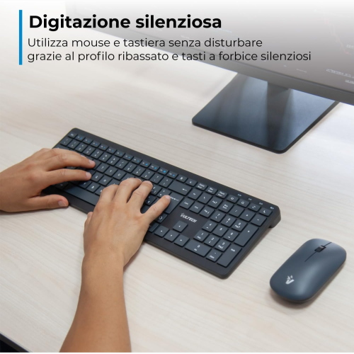 VULTECH KM-851W KIT TASTIERA E MOUSE WIRELESS TASTI A FORBICE SILENZIOSI CLICK SILENZIOSO LAYOUT ITALIANO QWERTY ULTRASLIM TASTIERINO NUMERICO, TASTI MULTIMEDIALI PROTEZIONE LIQUIDI PC/MAC/LINUX NERO