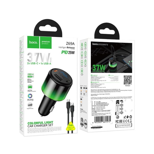 ALIMENTATORE CARICABATTERIE PER AUTO HOCO 1XUSB A + 2X TYPE-C PD QC3.0 37W + CAVO TYPE-C DA 1 METRO Z69A NERO  