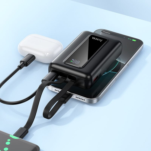 POWERBANK 10000 MAH QC PD 22,5W CON CAVI INTEGRATI TYPE-C + LIGHTNING HOCO J162 NERO