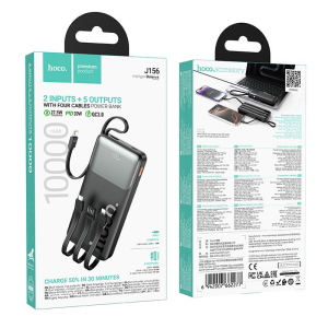 POWERBANK 10000 MAH QC PD 2A 22,5W CON CAVI INTEGRATI USB A + TYPE-C + LIGHTNING + MICRO USB HOCO J156 NERO