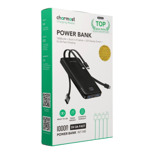 POWERBANK CHARMAST W1148 5V 3A 10000 MAH CON CAVI INTEGRATI USB A / USB C / LIGHTNING / MICRO USB NERO