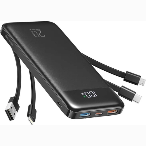 POWERBANK CHARMAST W1148 5V 3A 10000 MAH CON CAVI INTEGRATI USB A / USB C / LIGHTNING / MICRO USB NERO