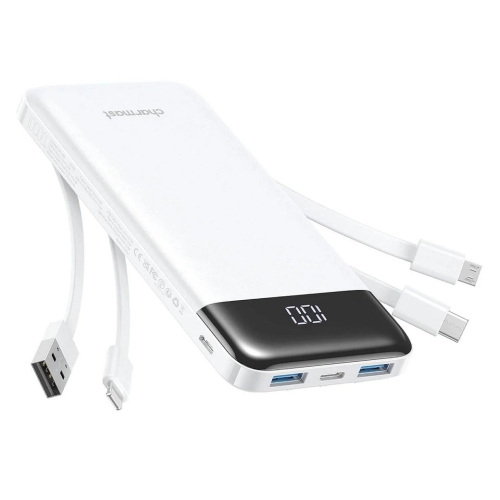 POWERBANK CHARMAST W1148 5V 3A 10000 MAH CON CAVI INTEGRATI USB A / USB C / LIGHTNING / MICRO USB BIANCO
