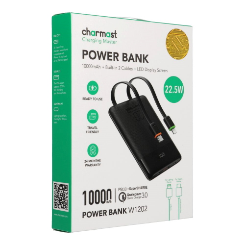 POWERBANK CHARMAST W1202 PD3.0 3A 22,5W 10000 MAH CON CAVI INTEGRATI TYPE-C / LIGHTNING NERO
