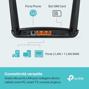 ROUTER MODEM 4G LTE CON 3 PORTE LAN E 2 ANTENNE WIFI CON SLOT SIM + PORTA COLLEGAMENTO RJ45 | TP-LINK TL-MR6500V