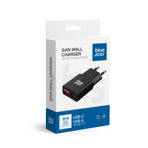 ALIMENTATORE CARICABATTERIE DI RETE SLIM GAN TYPE-C + USB PD QC4.0 3A 25W | BLUE STAR TFK-SC-25WAC NERO