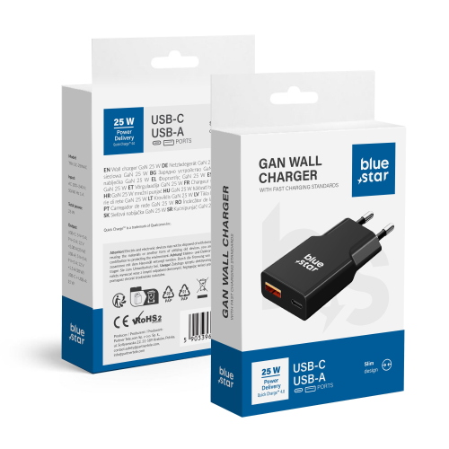 ALIMENTATORE CARICABATTERIE DI RETE SLIM GAN TYPE-C + USB PD QC4.0 3A 25W | BLUE STAR TFK-SC-25WAC NERO