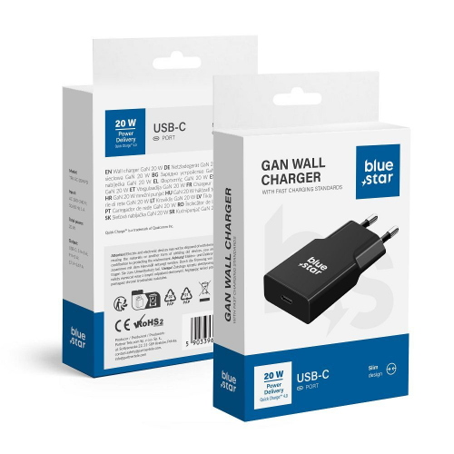 ALIMENTATORE CARICABATTERIE DI RETE SLIM GAN TYPE-C PD QC4.0 3A 20W | BLUE STAR TFK-SC-20WPD  NERO