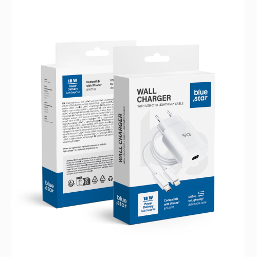 ALIMENTATORE CARICABATTERIE DI RETE TYPE-C + CAVO TYPE-C TO LIGHTNING PD QC4.0 3A 18W | BLUE STAR TFK-TC-1099C BIANCO