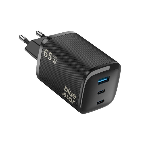 ALIMENTATORE CARICABATTERIE DI RETE NANO GAN 2X TYPE-C + USB PD QC4.0 3A 65W | BLUE STAR VT-335 NERO