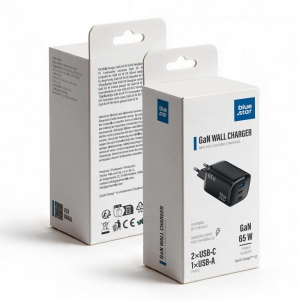 ALIMENTATORE CARICABATTERIE DI RETE NANO GAN 2X TYPE-C + USB PD QC4.0 3A 65W | BLUE STAR VT-335 NERO