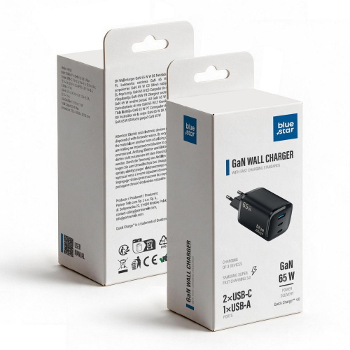 ALIMENTATORE CARICABATTERIE DI RETE NANO GAN 2X TYPE-C + USB PD QC4.0 3A 65W | BLUE STAR VT-335 NERO