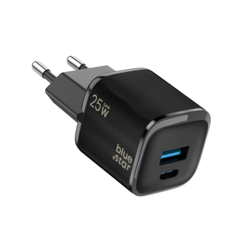 ALIMENTATORE CARICABATTERIE DI RETE NANO GAN TYPE-C + USB PD QC4.0 3A 25W | BLUE STAR VT-331 NERO