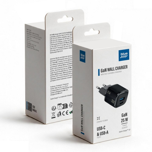 ALIMENTATORE CARICABATTERIE DI RETE NANO GAN TYPE-C + USB PD QC4.0 3A 25W | BLUE STAR VT-331 NERO