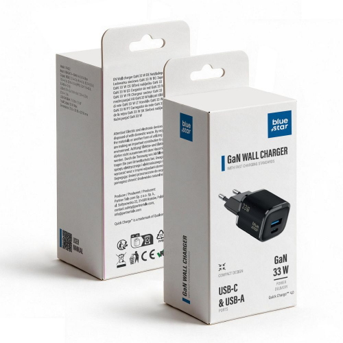 ALIMENTATORE CARICABATTERIE DI RETE NANO GAN TYPE-C + USB PD QC4.0 3A 33W | BLUE STAR VT-332 NERO